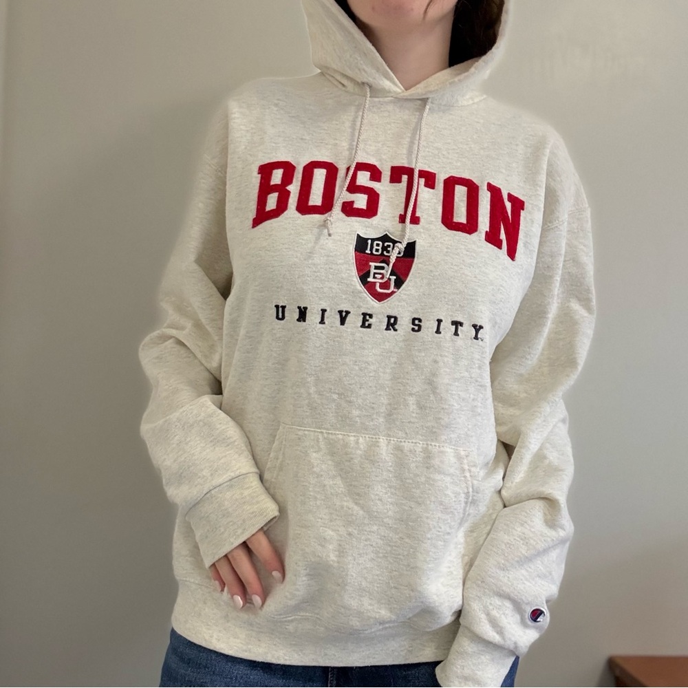 Champion Boston University Hoodie with Red Lettering and Retro Logo